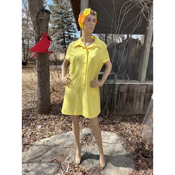 60s Mod Mini Dress Sunshine Yellow Schapira Embossed Print 1/4 Button Up - Picture 1 of 12